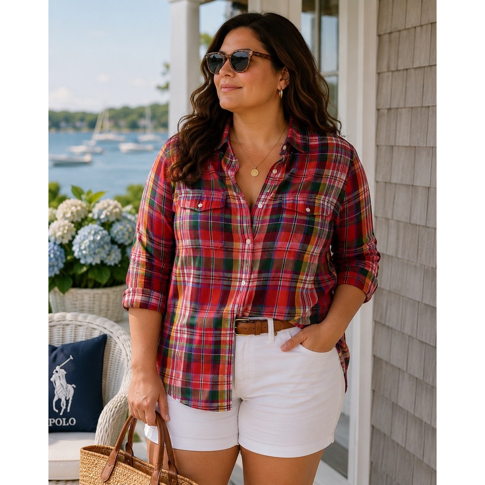 Lauren Ralph Lauren Plaid Gauze Crinkle Lightweight Button Down XL